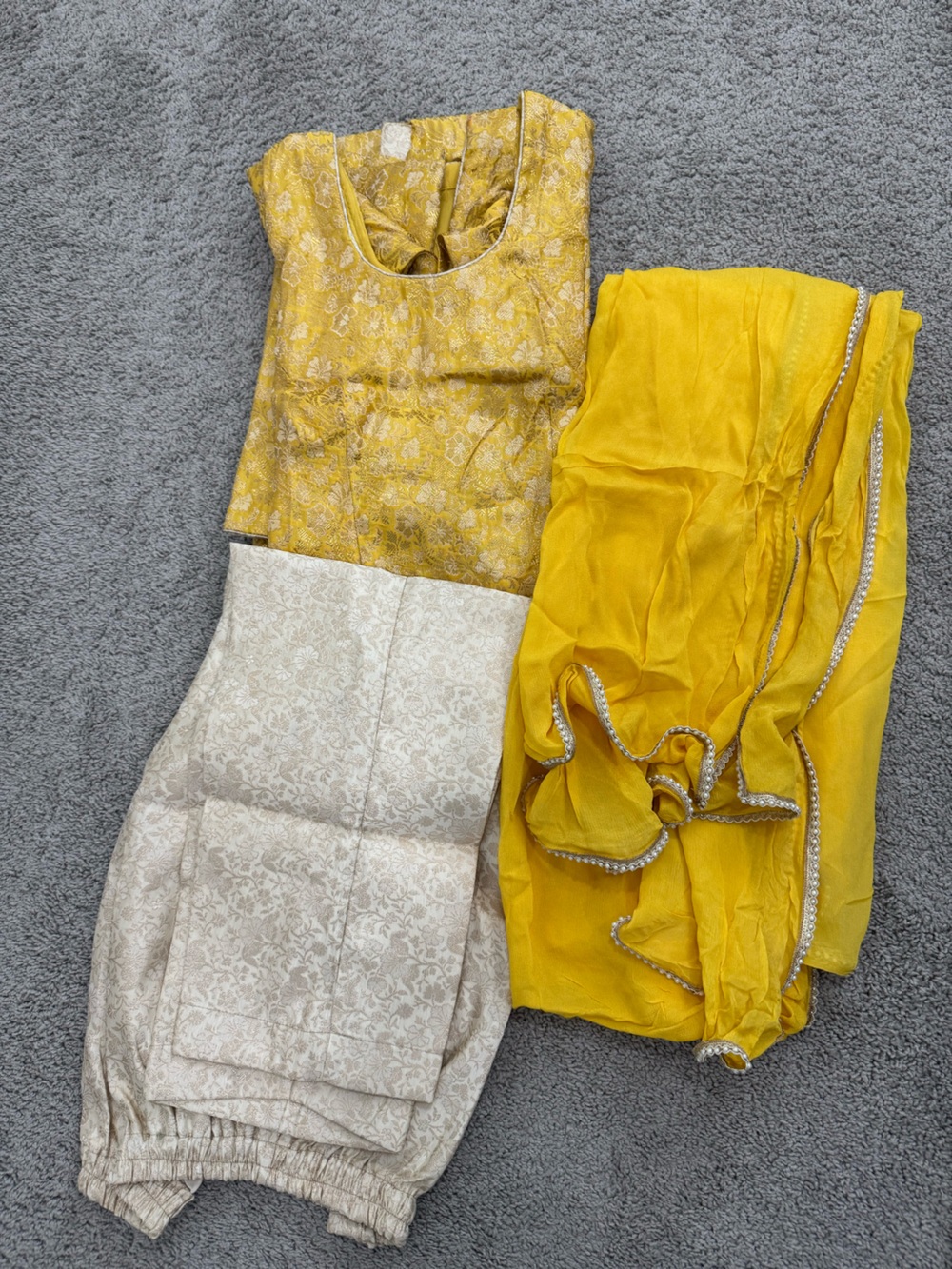Yellow & Cream Women's brochette Salwar Kameez Set with Dupatta